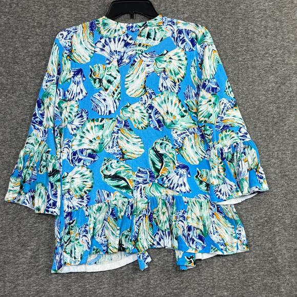Chicos Size 1 Cardigan Large Open Blue White Sea Shells Linen Blend Tropical - Picture 2 of 6